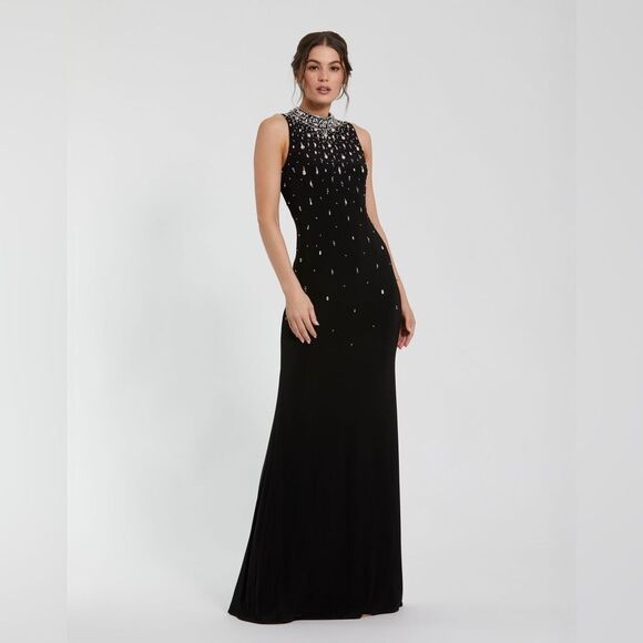 MAC DUGGAL 2260 Black High Neck Sleeveless Beaded Jersey Fitted Gown - Picture 2 of 12
